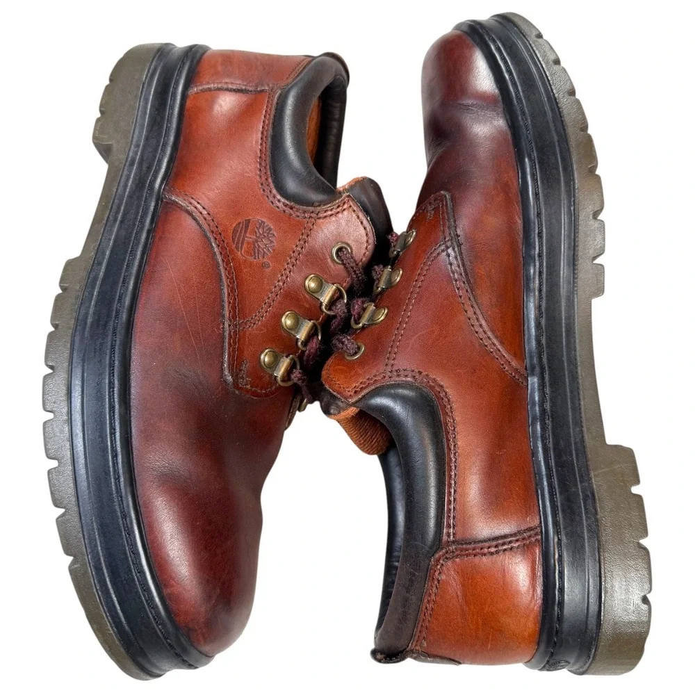 Vintage Timberland Low Oxford Boots Mens 11 Brown Leather Lug Sole Hiking Y2K